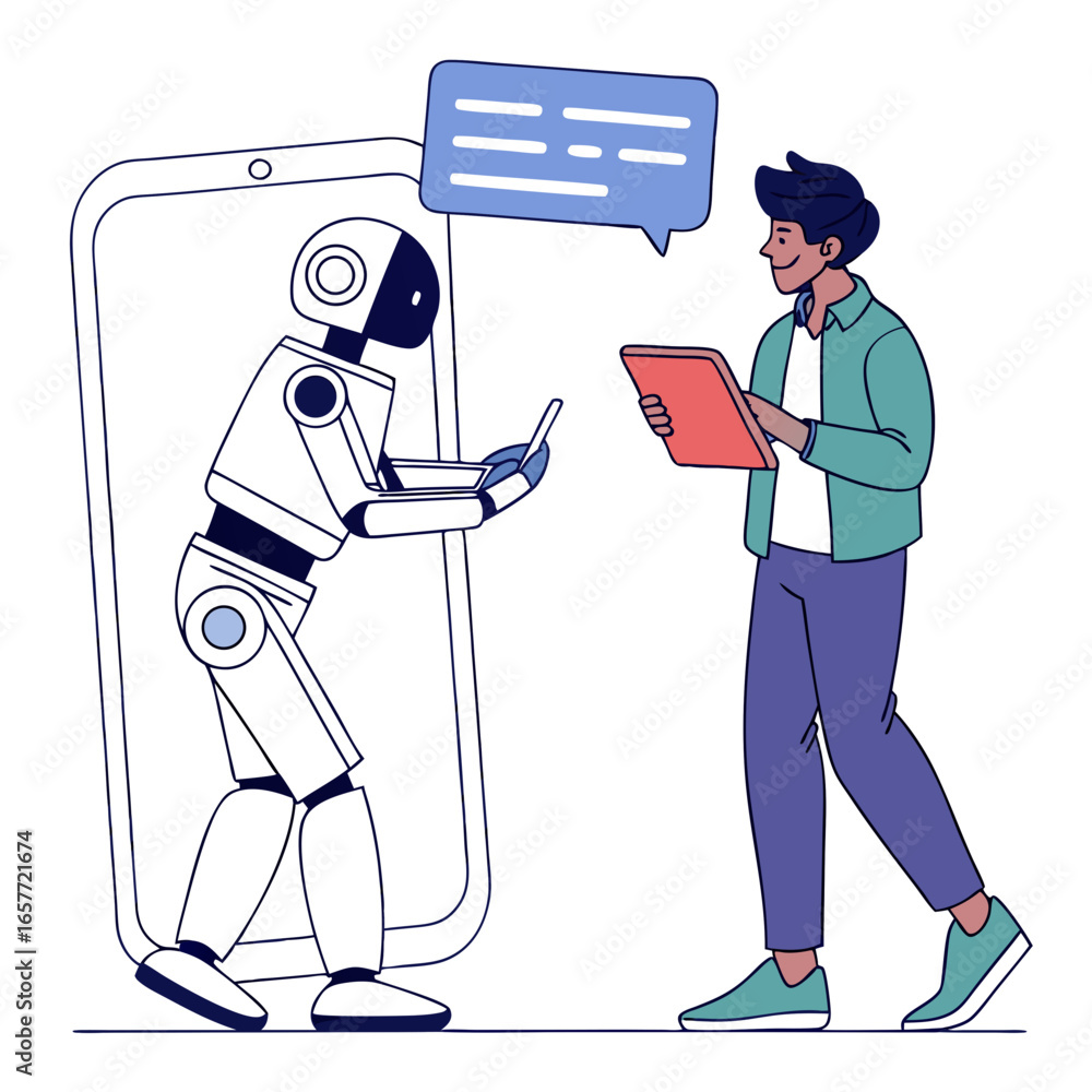 Poster robot interacting with person on phone assistant technology