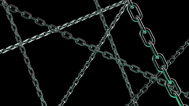 Abstract metallic chains flying from different directions rotating and slowly moving closer to camera on transparent background animation