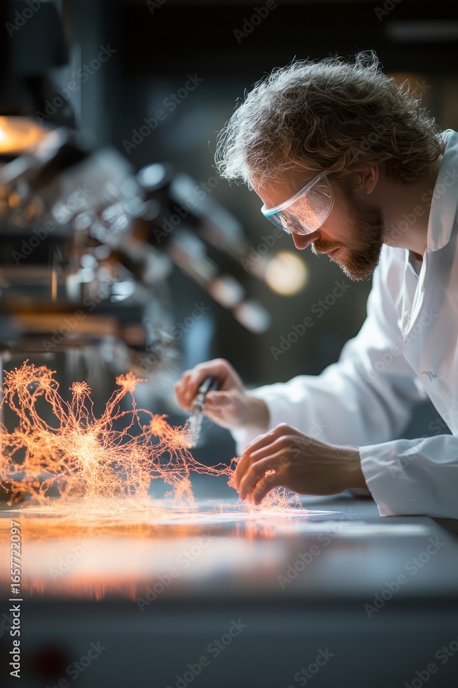 Poster scientist manipulating glowing bio network in lab, exploring cellular structure, representing synthe
