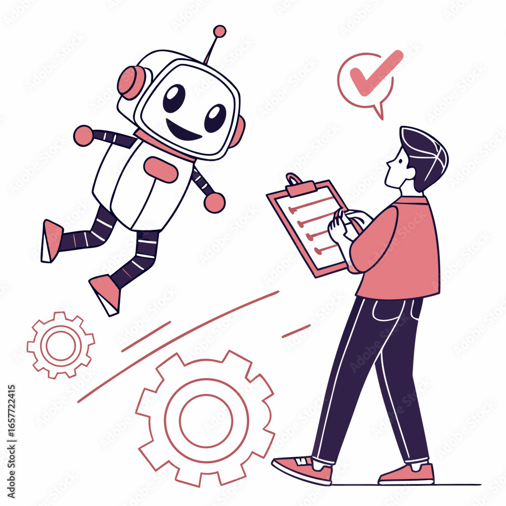 Poster smiling robot and person with checklist gears technology