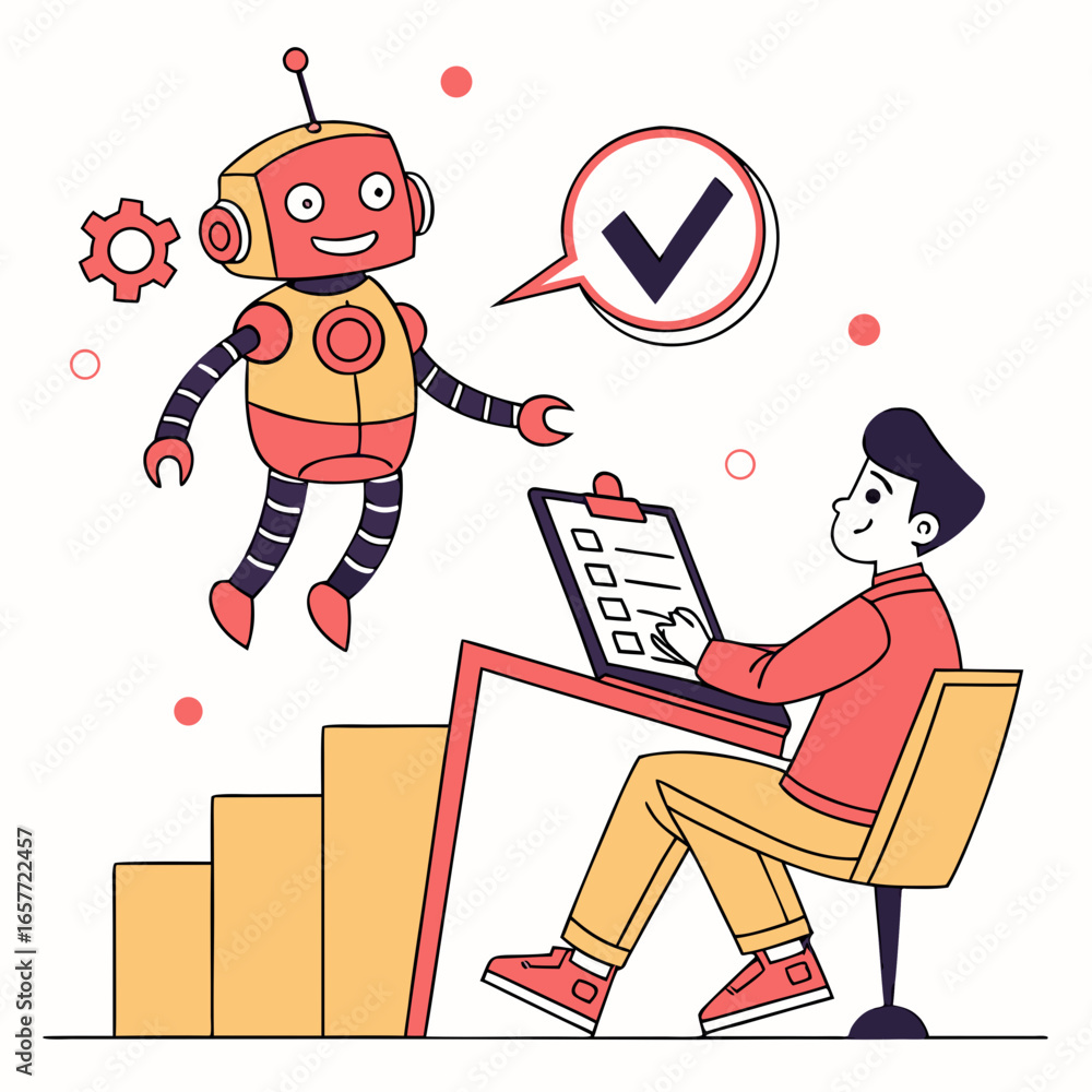 Aufkleber smiling robot assisting man with checklist assistance