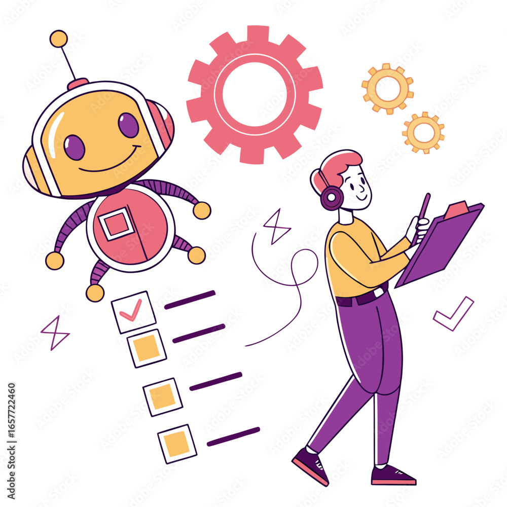 Poster smiling robot and person with checklist gears technology