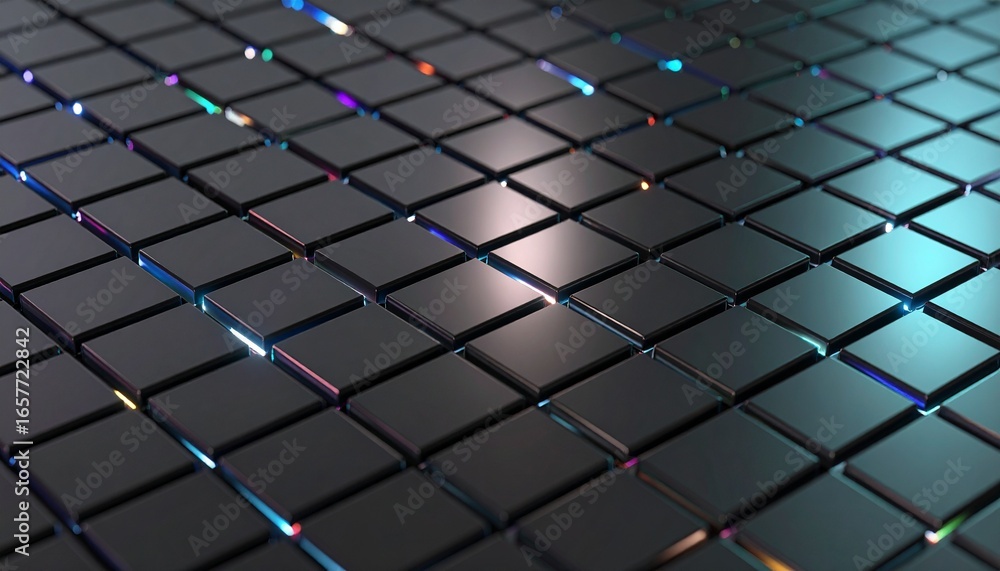 Poster a textured surface of dark, matte squares with subtle, colorful light reflections creating a futuris
