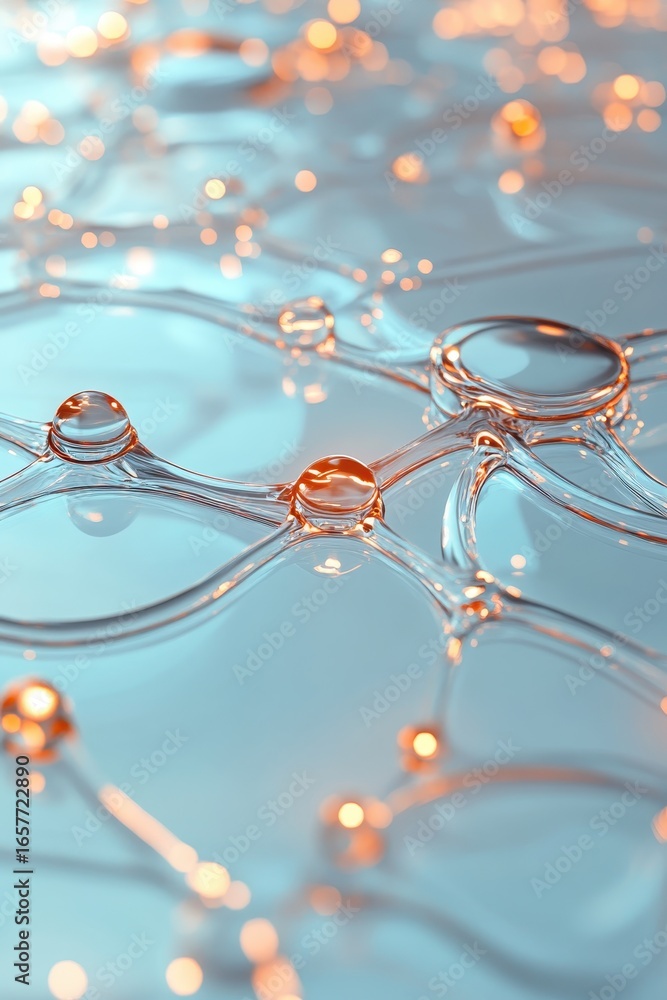 Poster abstract molecular structure with glowing connections and liquid spheres, representing future biolog