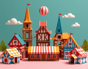 Fototapeta premium Illustrated oktoberfest market stalls transforming into festive celebration vibrant scene playful environment whimsical viewpoint