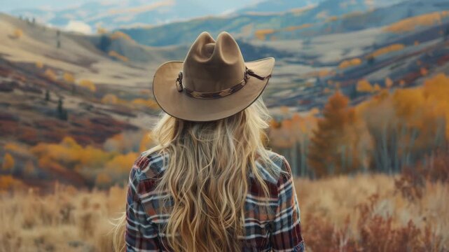 Woman with long blonde hair wearing a wide-brimmed hat and plaid shirt standing outdoors in a scenic mountain landscape