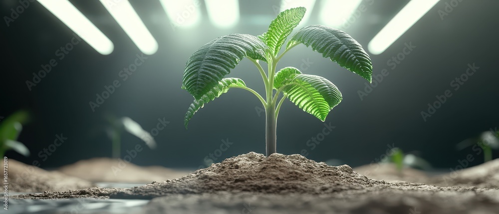 Poster green sapling grows under bright artificial light, symbolizing new life and innovation in controlled