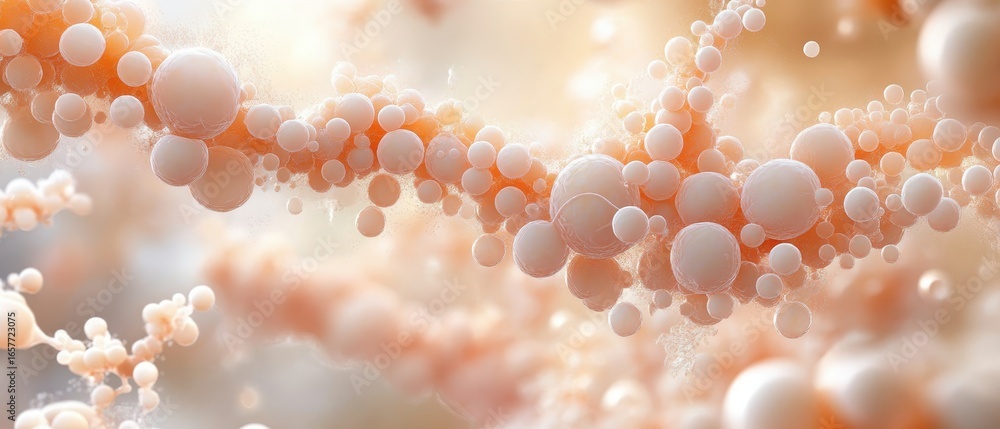 Poster intricate network of glowing organic spheres in a flowing cluster, representing advanced biological 