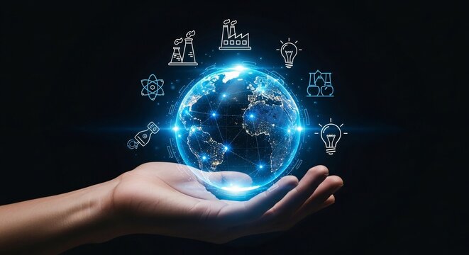 Hand holding a glowing earth with science and industry icons around it