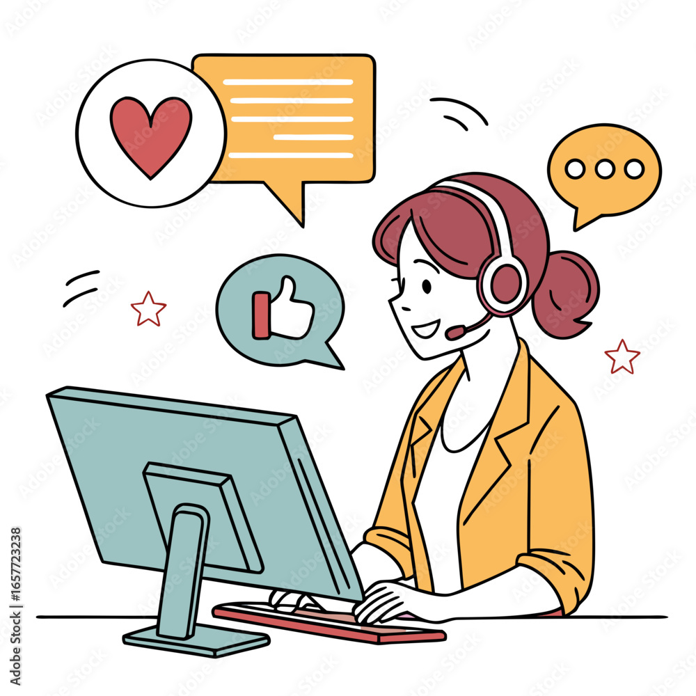Poster smiling woman with headset typing on keyboard computer