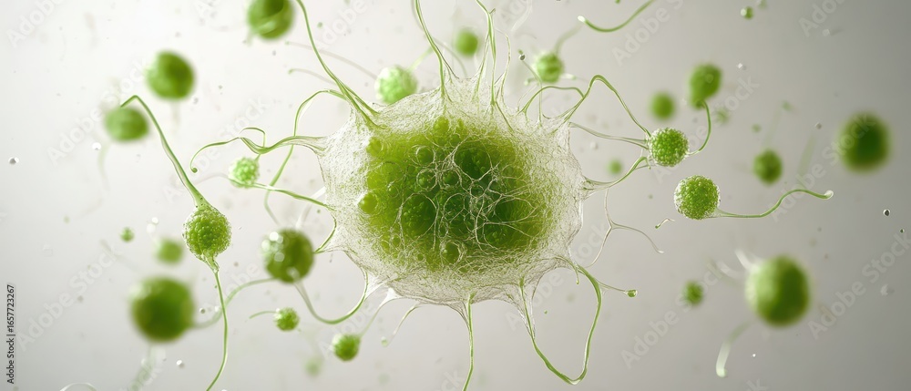 Poster tiny green cellular structures with long tendrils expanding and connecting in a clear liquid environ