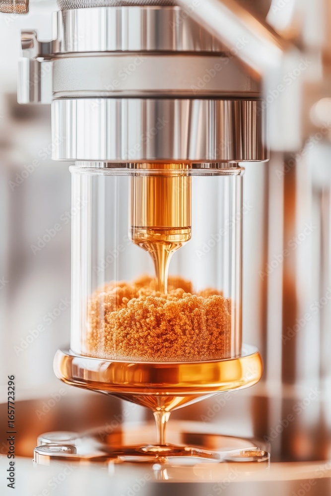 Poster precise liquid drips into granular material within a clear chamber, representing advanced biological