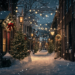 christmas streets, christmas, festival, cover, virtual photo, background, scene, street, city, snow, winter, urban, celebration, lights, xmas, christmas tree, ornament, december, season, house