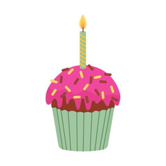 Chocolate birthday cupcake with pink icing and sprinkles and lit candle. Vector illustration. Muffin in green wrapper isolated on white or transparent background. Holiday baking. Close-up element.