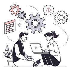 Teamwork collaboration with gears and laptop coding