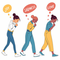 Three women experiencing different emotions sadness