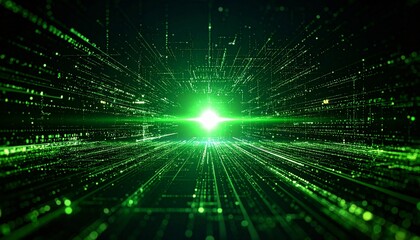 Obraz premium Abstract digital tunnel with bright green light at the end, creating a sense of speed and futuristic technology.