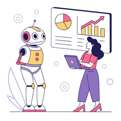 Woman and robot analyzing financial data laptop financial chart