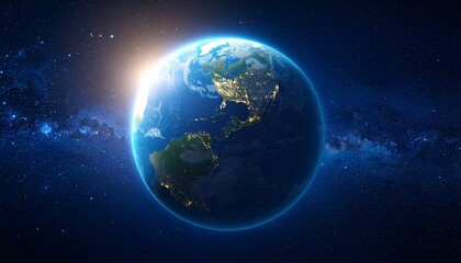 Fototapeta premium A stunning view of Earth from space, illuminated by a rising sun, revealing city lights on the night side against a starry galaxy.
