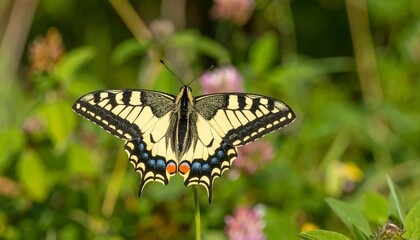 A striking swallowtail butterfly, its delicate wings displaying a beautiful pattern of yellow, black, and blue, rests gracefully on a plant amidst a blurred background of vibrant green foliage and...