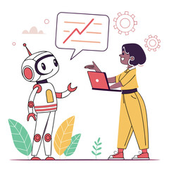 Woman and robot discussing data on laptop chart