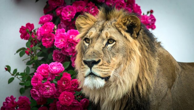 A majestic lion, head and shoulders, gazes intently, framed by a vibrant backdrop of profuse pink roses.