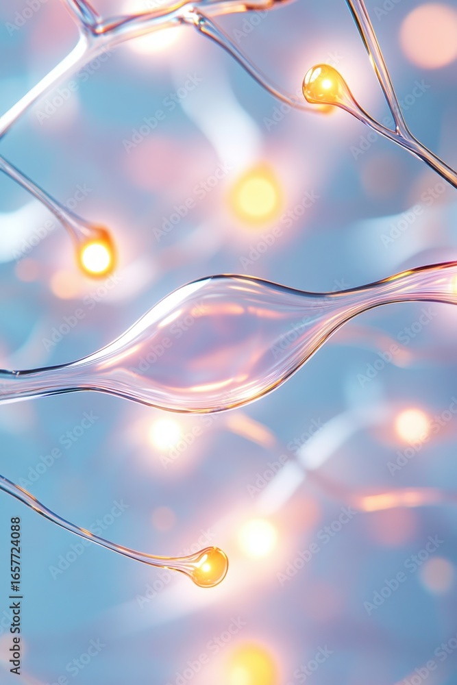 Poster abstract bio structure with glowing nodes and fluid movement, representing future biology and cellul