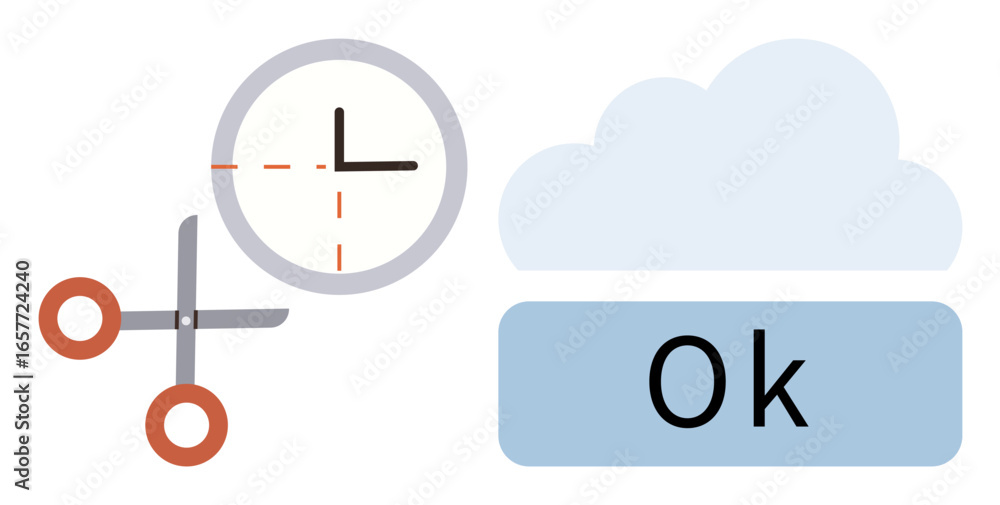 Poster scissors cutting part of a clock, cloud illustration, and ok button. ideal for time management, clou