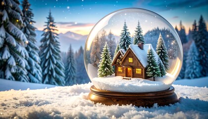 Snow globe depicts a cozy winter scene.