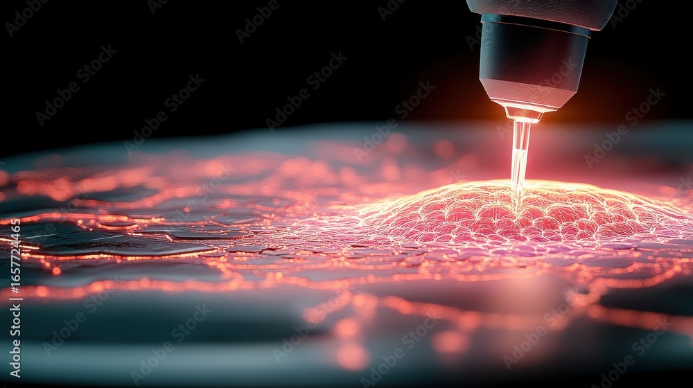 Poster microscopic device creating new cell structures with glowing red energy, representing futuristic bio