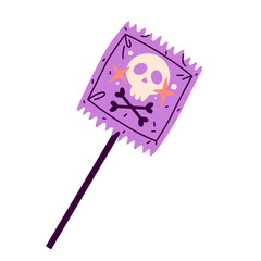 Vector lollipop with jolly roger or skull. Halloween sweet. Trick or treat cartoon dessert food. Candy for autumn celebration or seasonal festive confectionary packaging. Gift with skull wrapper.