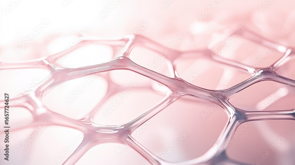 Poster abstract cellular structure glowing with soft light representing future biotechnology advancements.