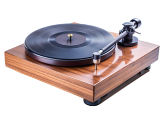 Turntable record player isolated on transparent background, a vintage audio system for vinyl music, with wooden base and classic retro design