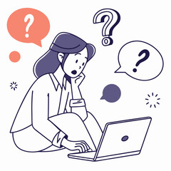 Woman confused by laptop questions question marks confusion