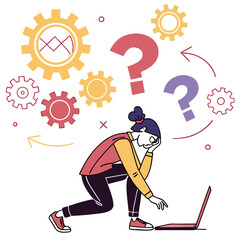 Woman confused by technology and gears laptop