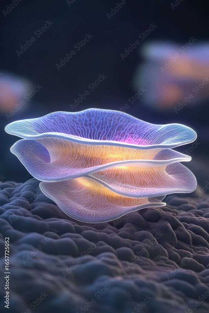 Poster bioluminescent layers glowing with intricate patterns on a textured surface, representing future bio