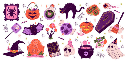 Set of vector Halloween sticker for autumn holiday. Horror or scary isolated symbol for spooky and creepy October festive. Pumpkin and ghost, cauldron and moon, vampire coffin, potion. Trick or treat.