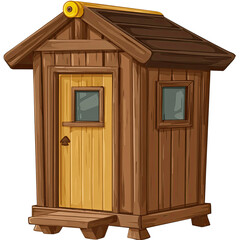 A small brown wooden cabin with a yellow door and roof details on transparent background