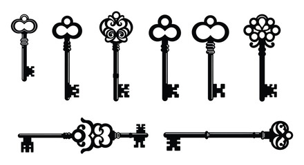 A collection of vintage and ornate keys on a white background silhouette