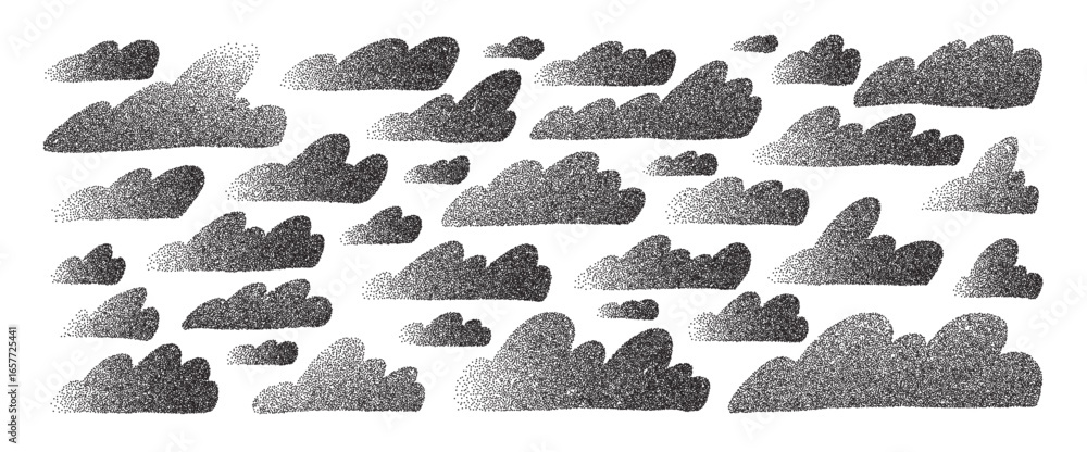Poster noise texture clouds set. naive sky grainy pack. kids charcoal halftone elements. scribble cloudy we