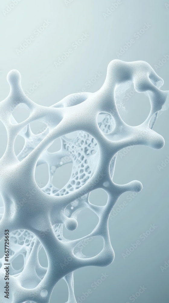 Poster abstract biological structure with interconnected cells and intricate patterns evolving in a clean e
