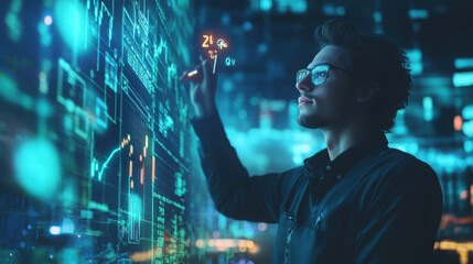 Man with glasses interacting with a digital interface displaying data and graphs in a blue lit environment