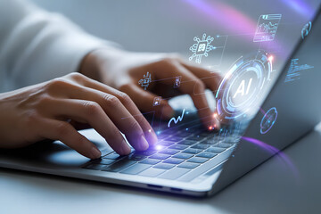 Modern workspace with laptop and glowing holographic AI icons, symbolizing innovation, business technology, and advanced machine learning systems.