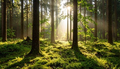 Sunbeams filtering through a lush green forest.