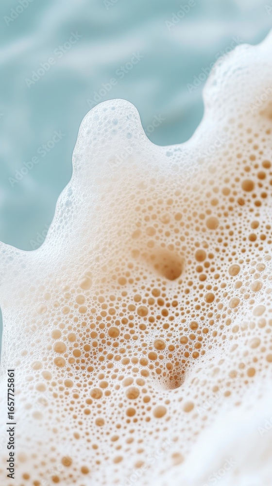 Poster close up of foamy liquid with many small bubbles creating a textured surface with a soft blue backgr