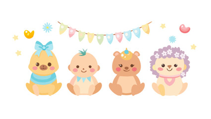 Naklejka premium Cute baby animals vector illustration for nursery decor baby shower invitation and birthday party decoration