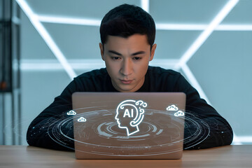 Modern workspace with laptop and glowing holographic AI icons, symbolizing innovation, business technology, and advanced machine learning systems.