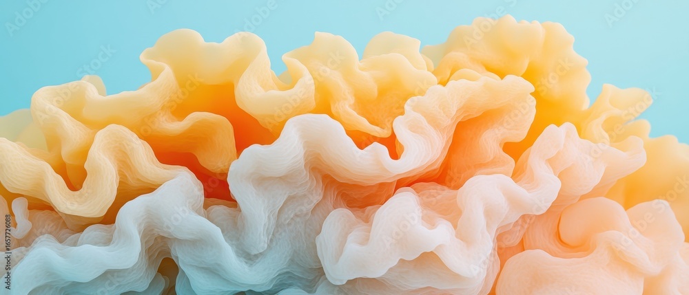 Poster fluid organic forms of swirling color gradients, evolving structures against a light blue background