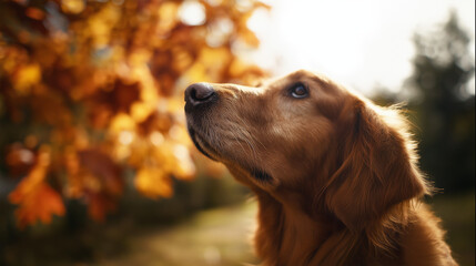 Obraz premium Golden retriever surrounded by autumn leaves, close-up portrait with warm sunlight filtering through trees