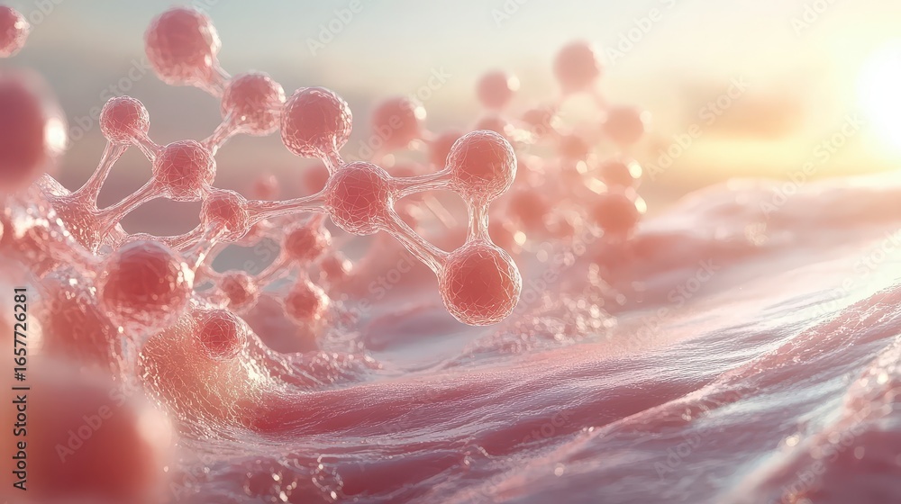 Poster abstract molecular structures interacting on a textured surface with soft golden light in the backgr